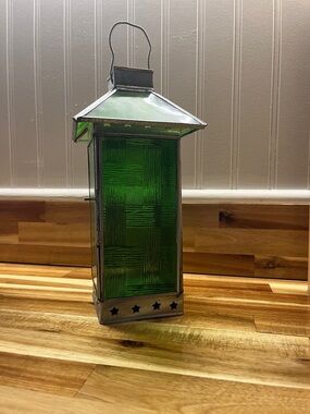 Green Glass and Silver Metal Lantern Candle not included